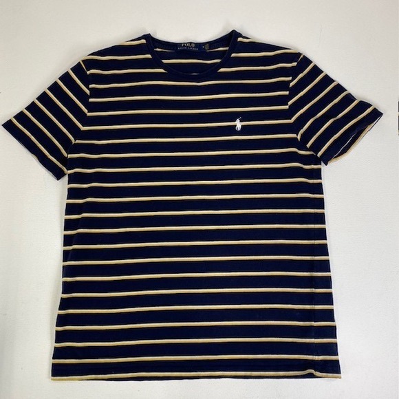 Polo Ralph‎ Lauren Mens Striped T-Shirt Pony Logo Navy Blue Gold Medium - Picture 1 of 7